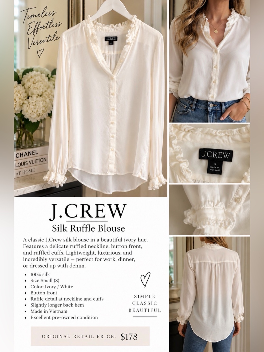 J. Crew Ivory Silk Ruffle-Trim Button Front Blouse